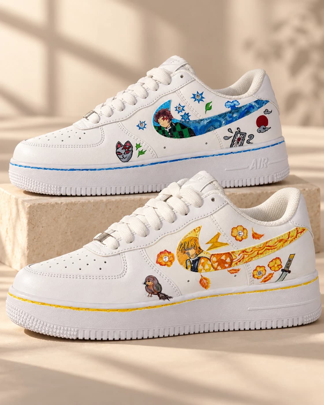 Demon Slayer — hand-painted white leather sneakers